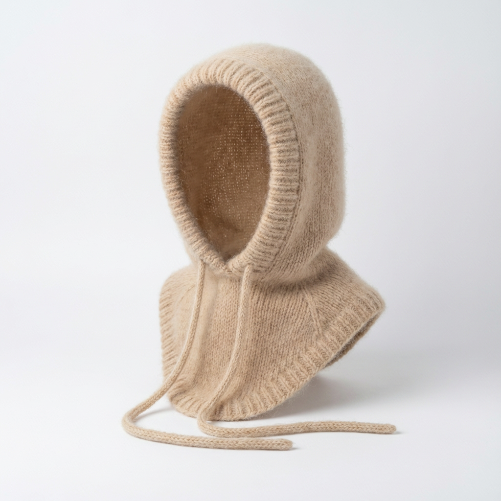 Cagoule hivernale en angora – tricotée à la main