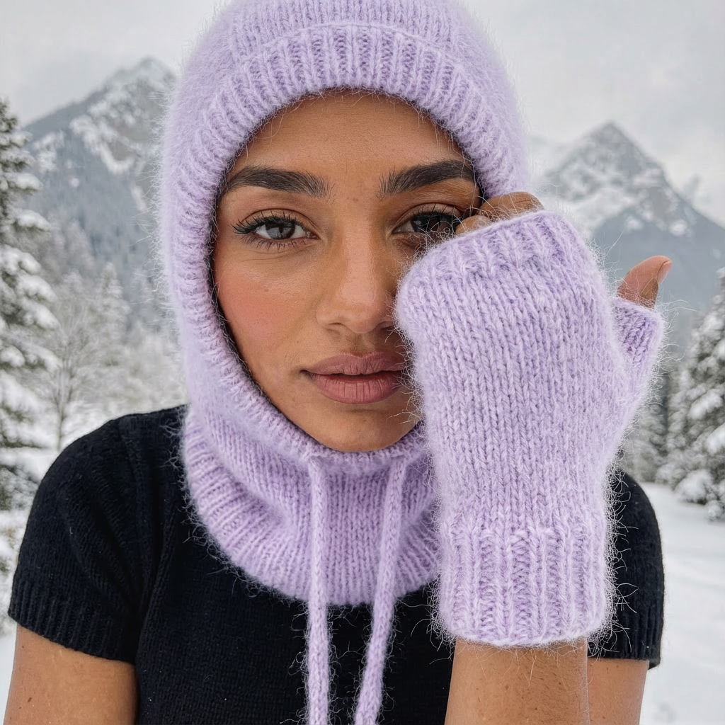 Cagoule hivernale en angora – tricotée à la main