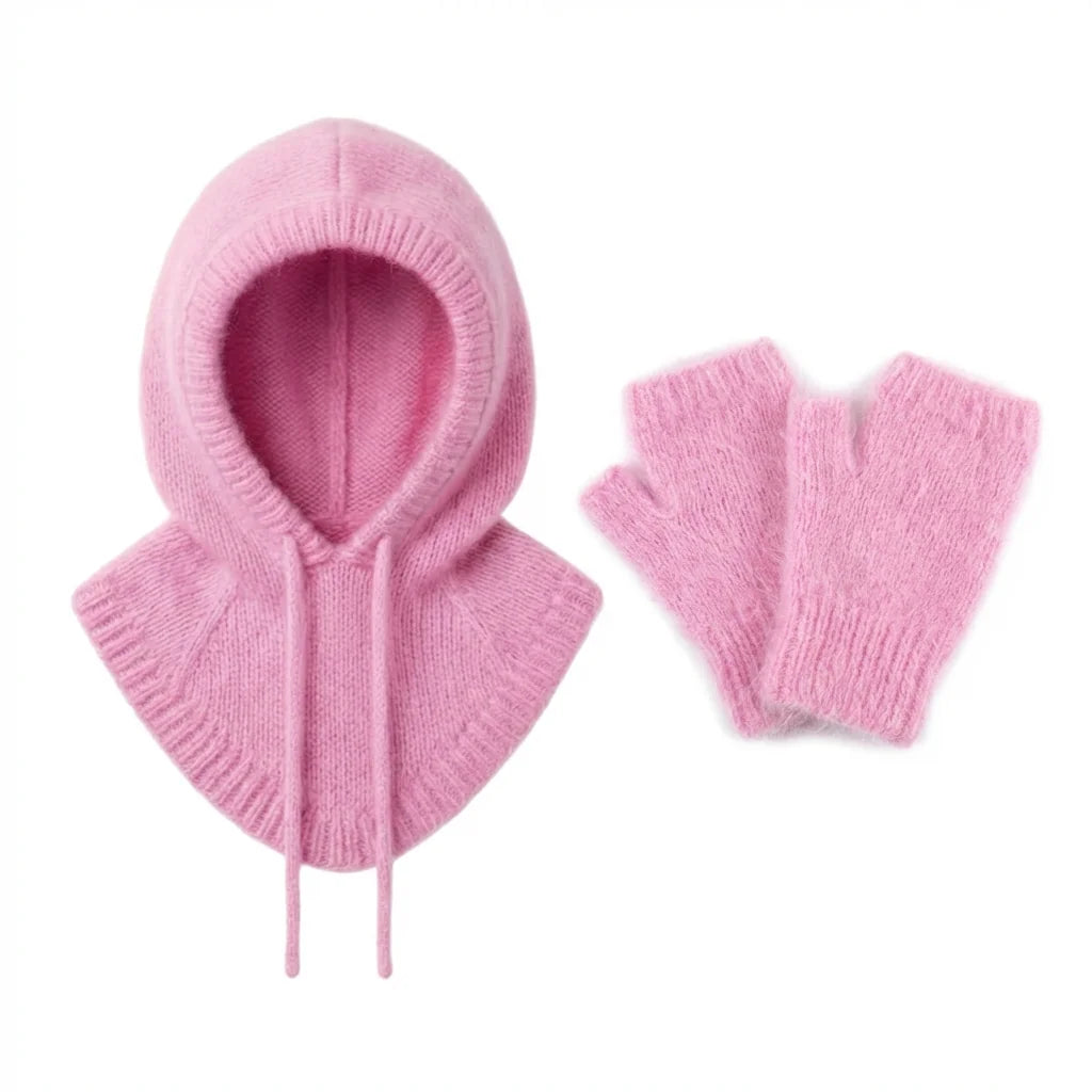 Cagoule & Mitaines en Angora – Ensemble Tricoté main en Belgique