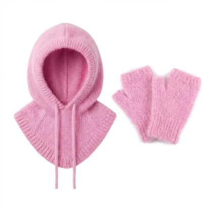 Cagoule & Mitaines en Angora – Ensemble Tricoté main en Belgique