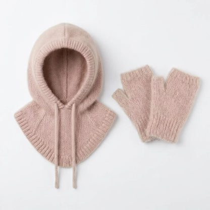 Cagoule & Mitaines en Angora – Ensemble Tricoté main en Belgique