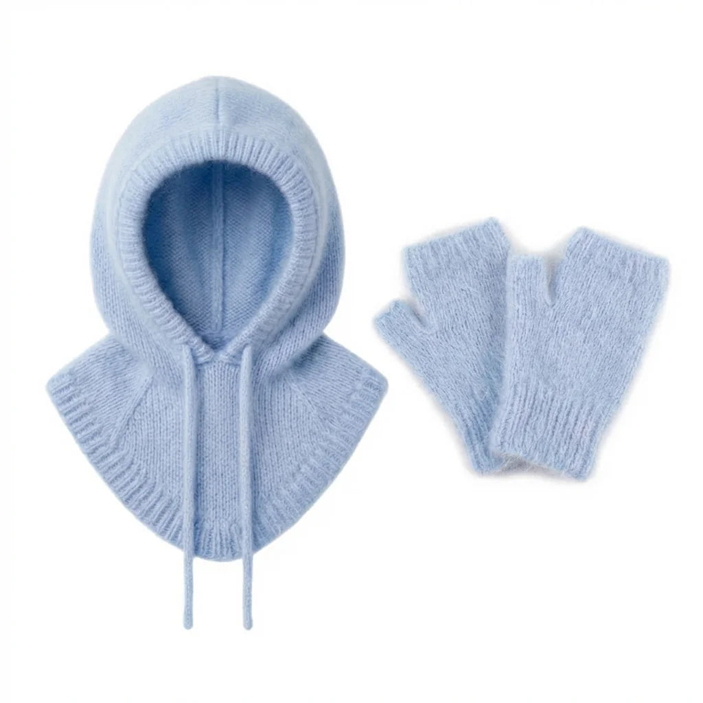 Cagoule & Mitaines en Angora – Ensemble Tricoté main en Belgique