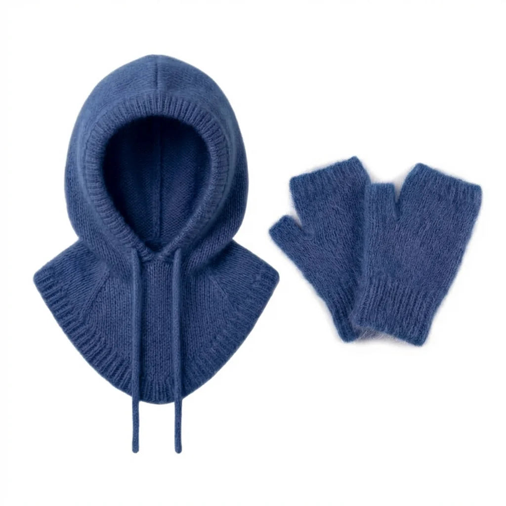 Cagoule & Mitaines en Angora – Ensemble Tricoté main en Belgique