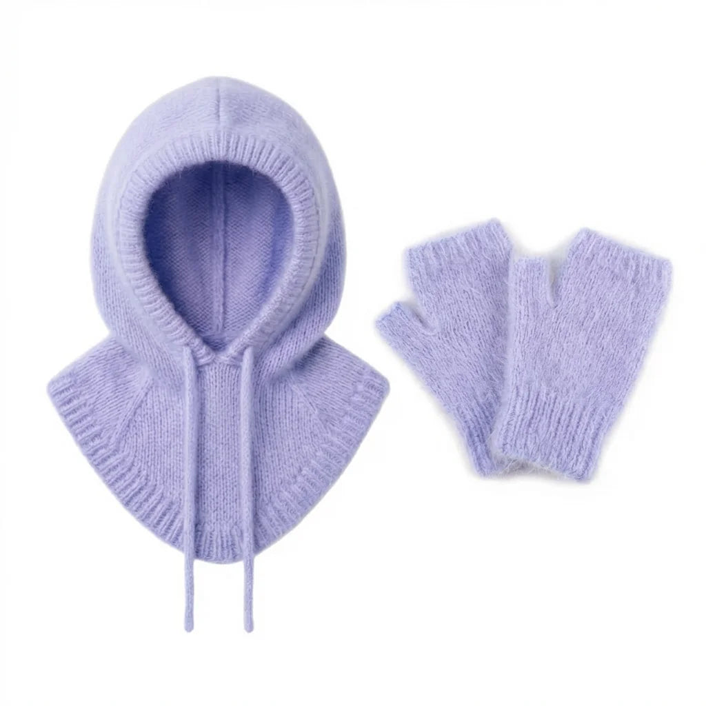 Cagoule & Mitaines en Angora – Ensemble Tricoté main en Belgique