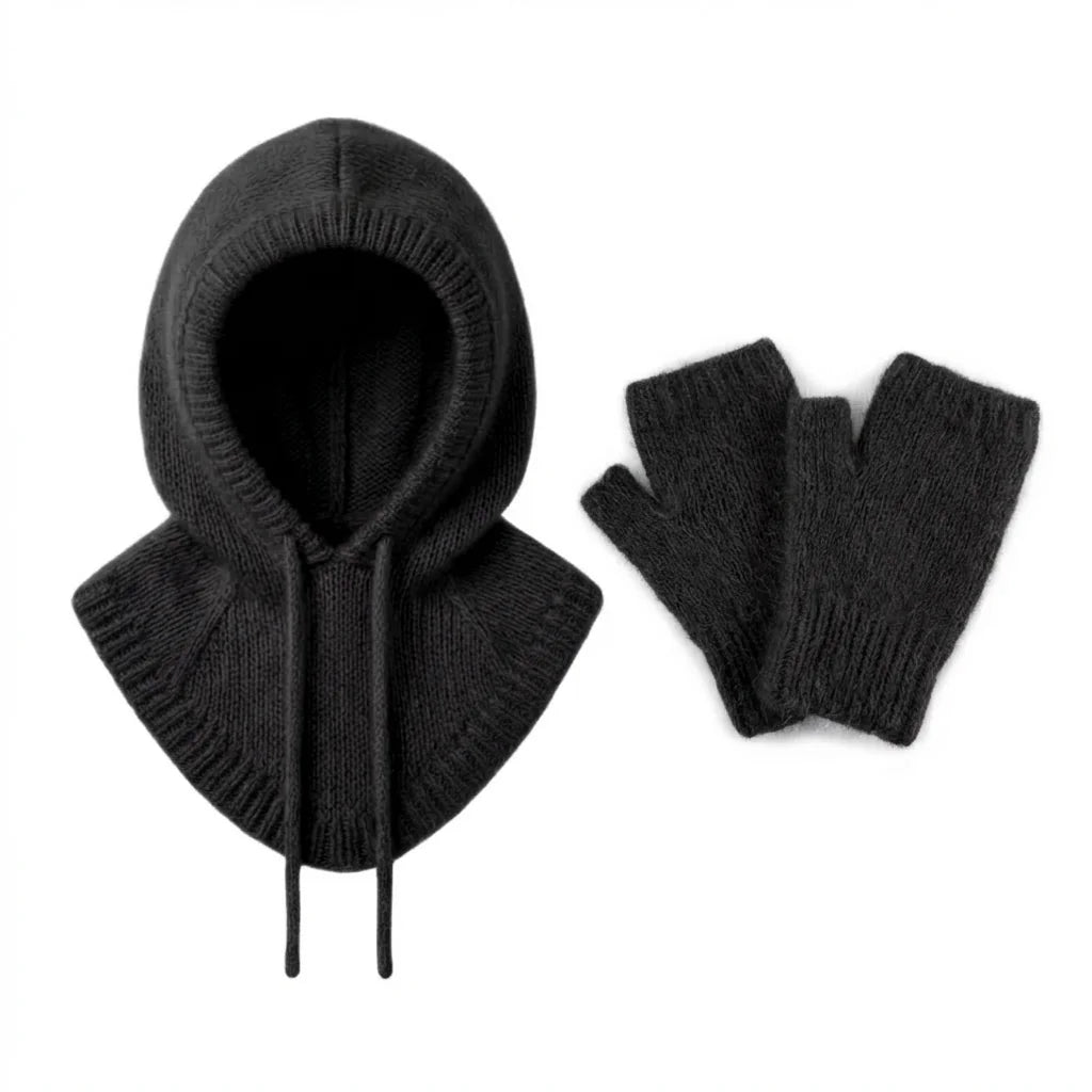 Cagoule & Mitaines en Angora – Ensemble Tricoté main en Belgique