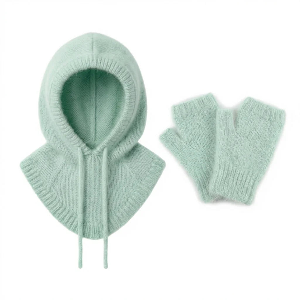 Cagoule & Mitaines en Angora – Ensemble Tricoté main en Belgique