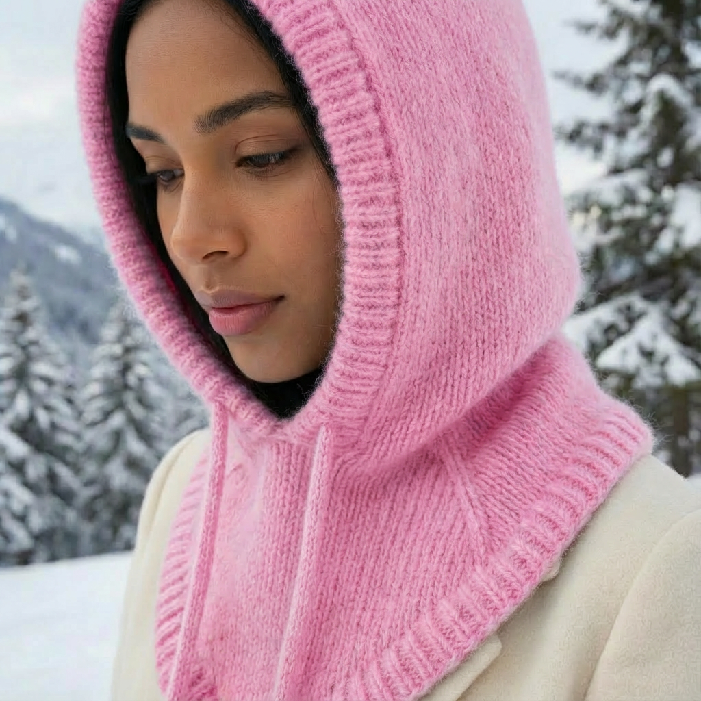 Cagoule hivernale en angora – tricotée à la main