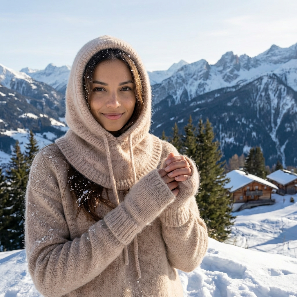 Cagoule & Mitaines en Angora – Ensemble Tricoté main en Belgique