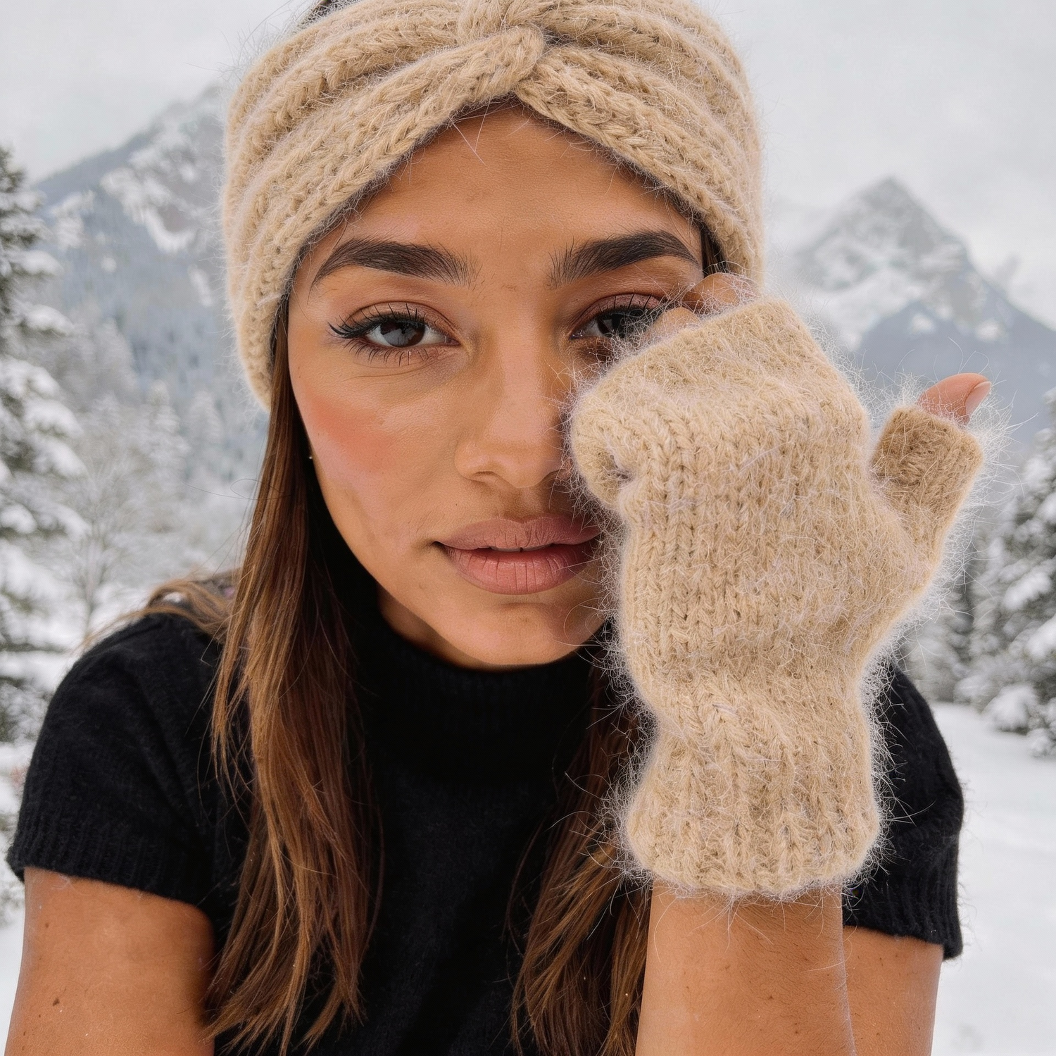 mitaines et bandeau beige modele